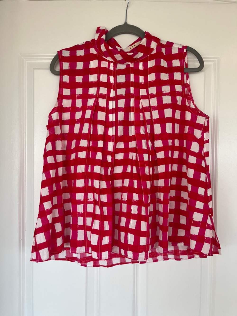 Marni Red and White Checked Sleeveless High Neck Camisole